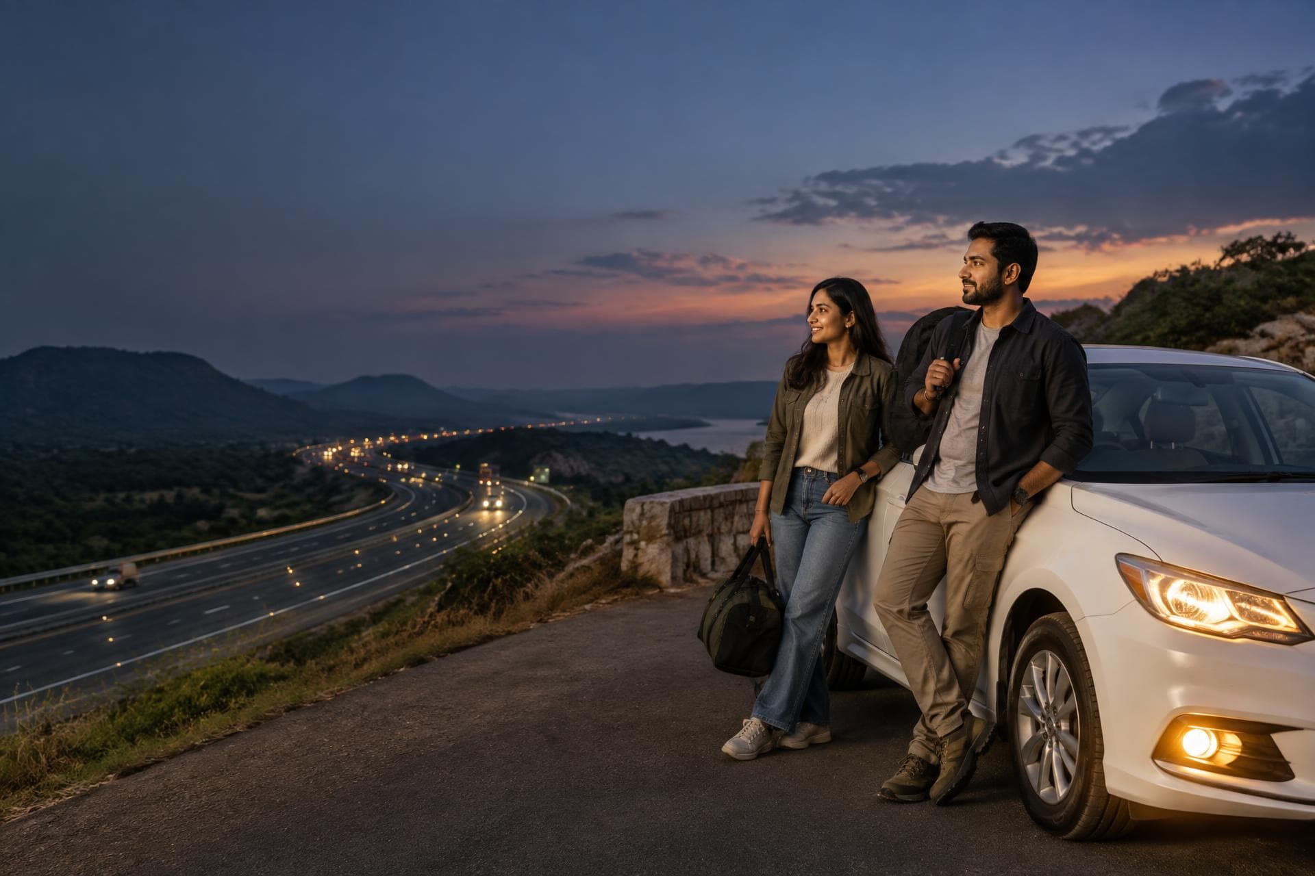 Two intercity travellers beside a car overlooking a highway at dusk